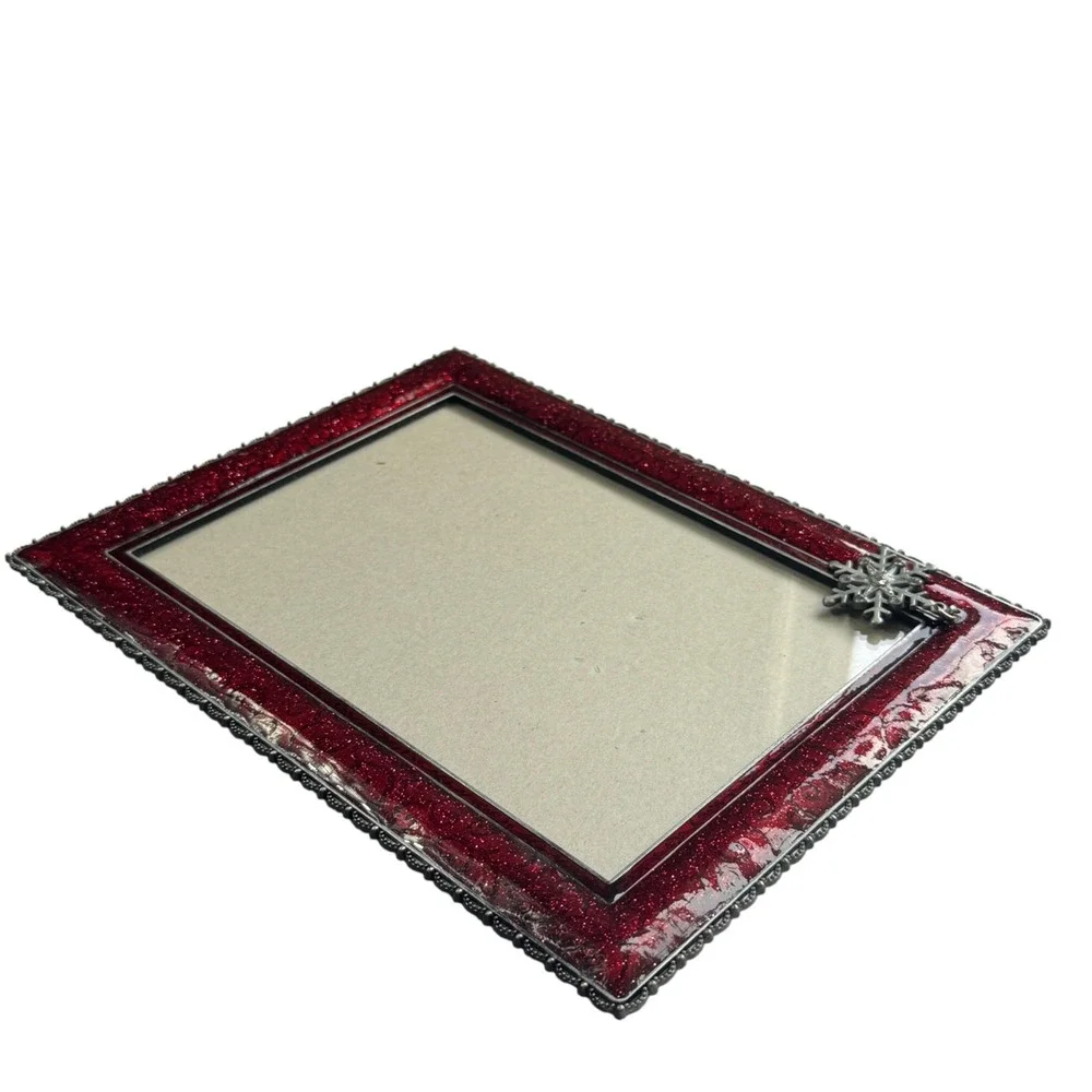 Red Glitter Snowflake Enamel 5x7 Picture Frame Sparkly Christmas Holiday Decor